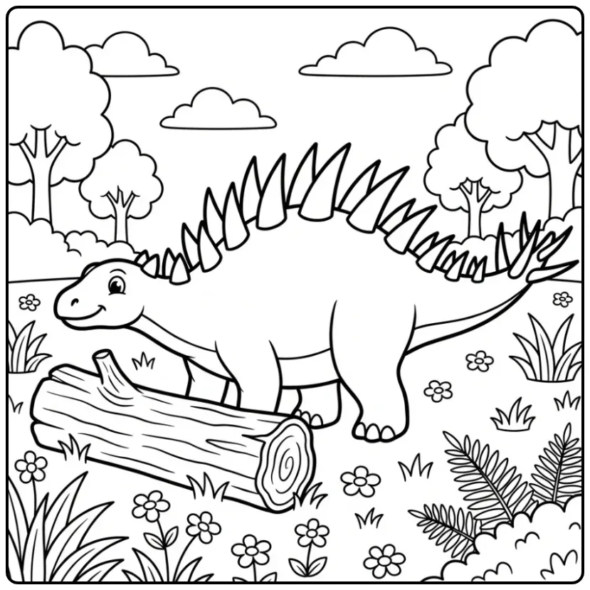 Schattige Kentrosaurus bij boomstam dino kleurplaat.