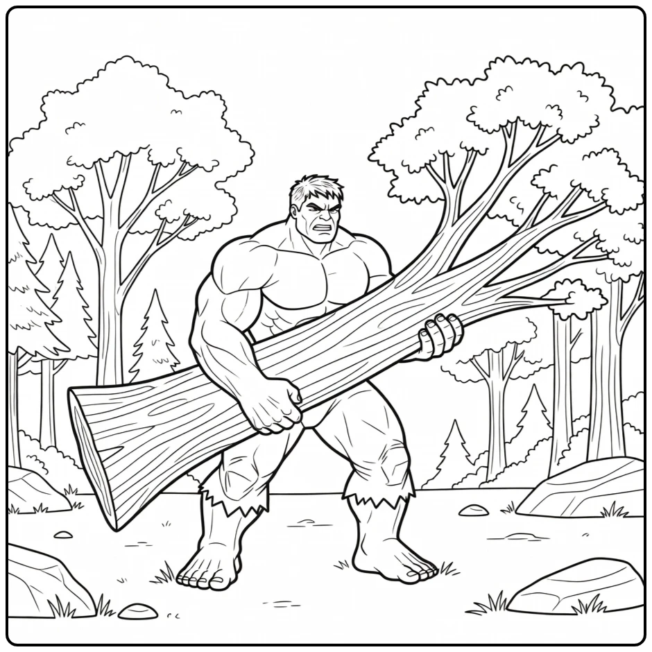 Hulk draagt een enorme boomstam op deze hulk kleurplaat.