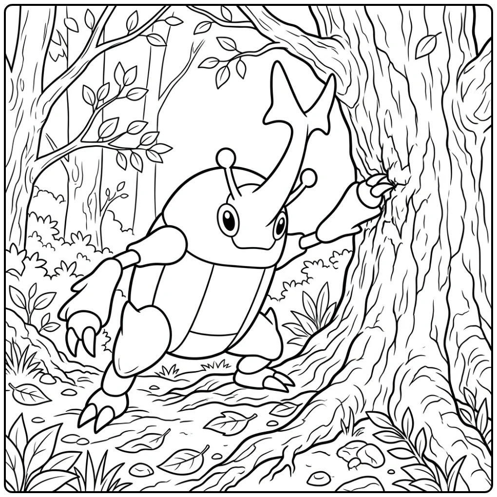Pokemon Heracross kleurplaat in het bos bij een boom.