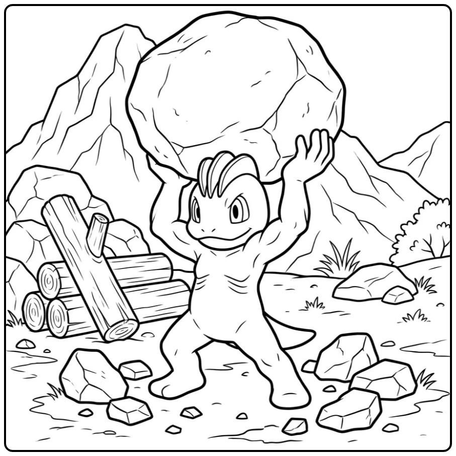 Pokemon Machop kleurplaat tilt een steen op in de bergen.