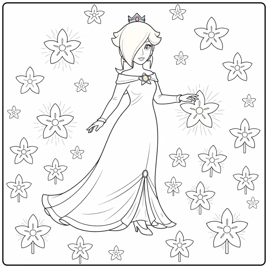 Mooie rosalina kleurplaat in een magische kosmische tuin.