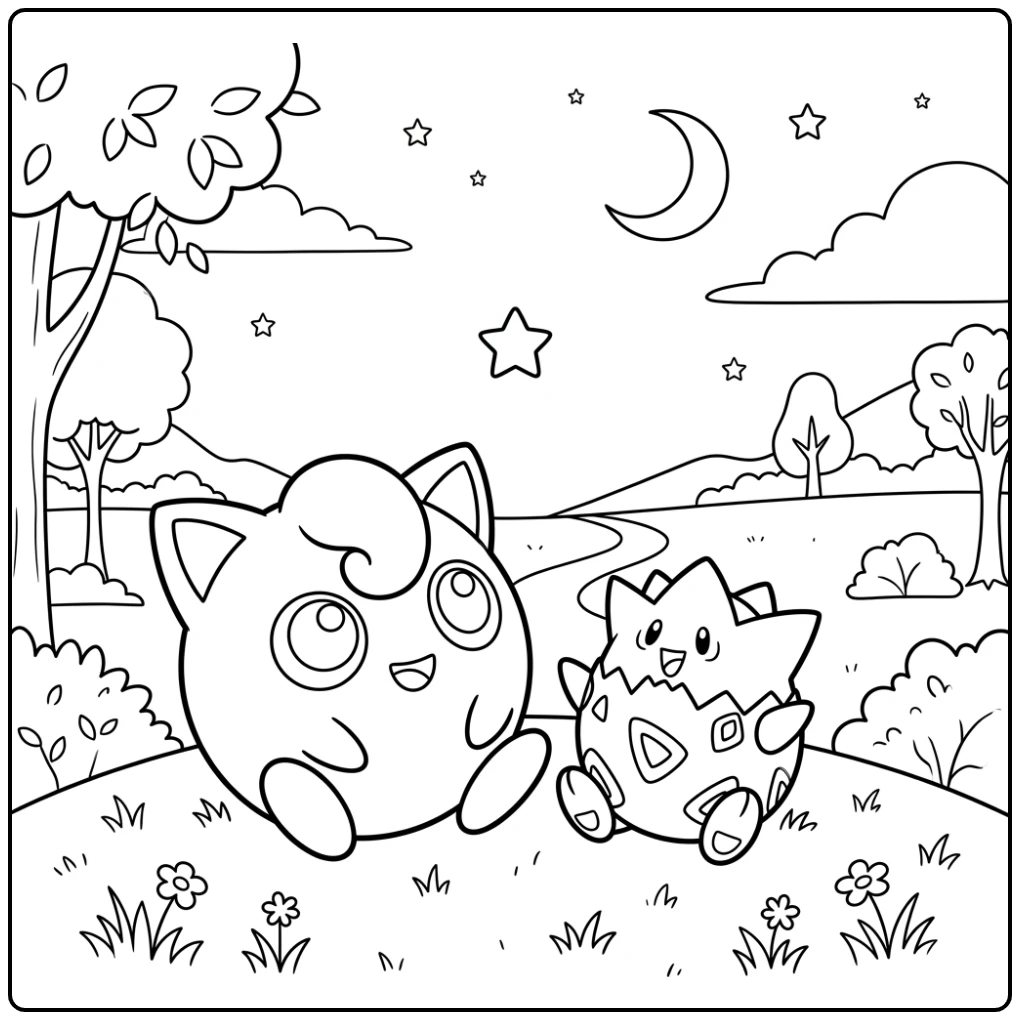Jigglypuff en Togepi kijken naar een ster, pokemon kleurplaat makkelijk.