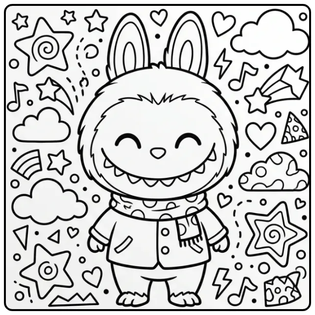 Schattige labubu kleurplaat met kleren, jasje en sjaal.