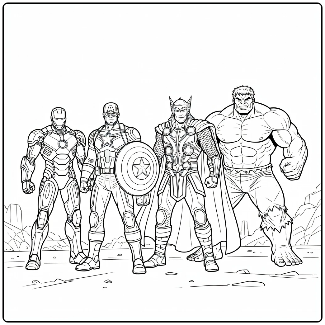 Gave avengers kleurplaat met Iron Man, Thor, Hulk en Cap.