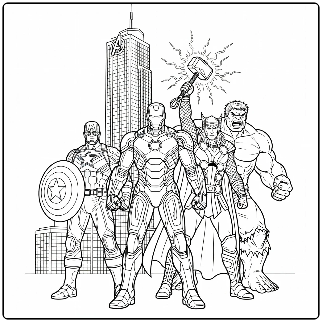 Spannende avengers kleurplaat met Iron Man en het team.