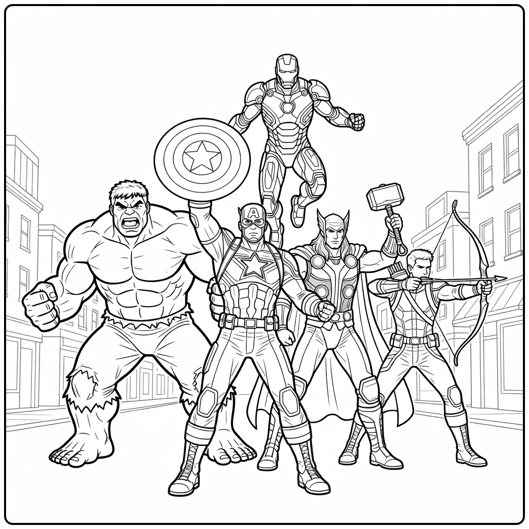 Captain America en zijn team op deze avengers kleurplaat.