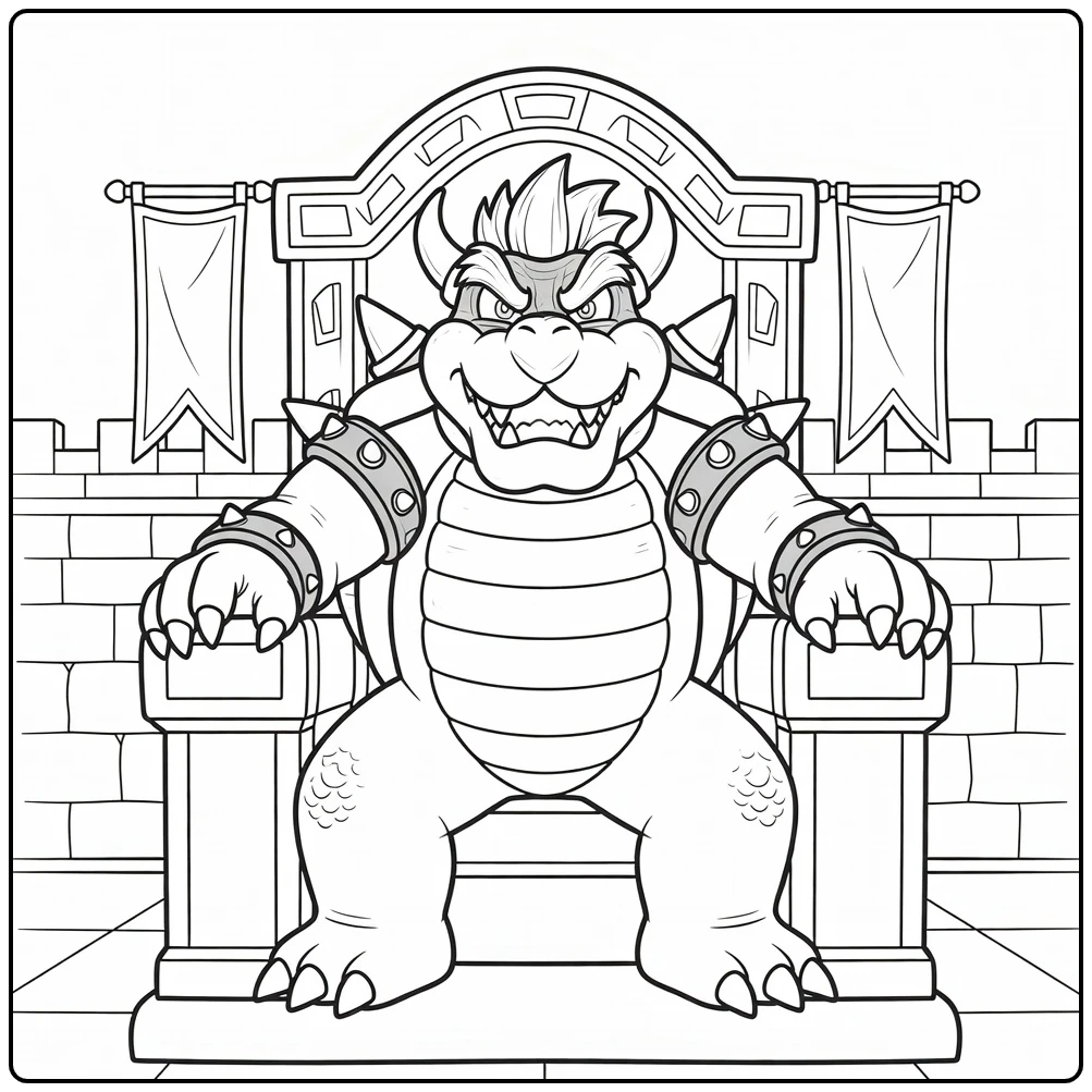 Leuke bowser kleurplaat: hij zit trots op een grote troon.