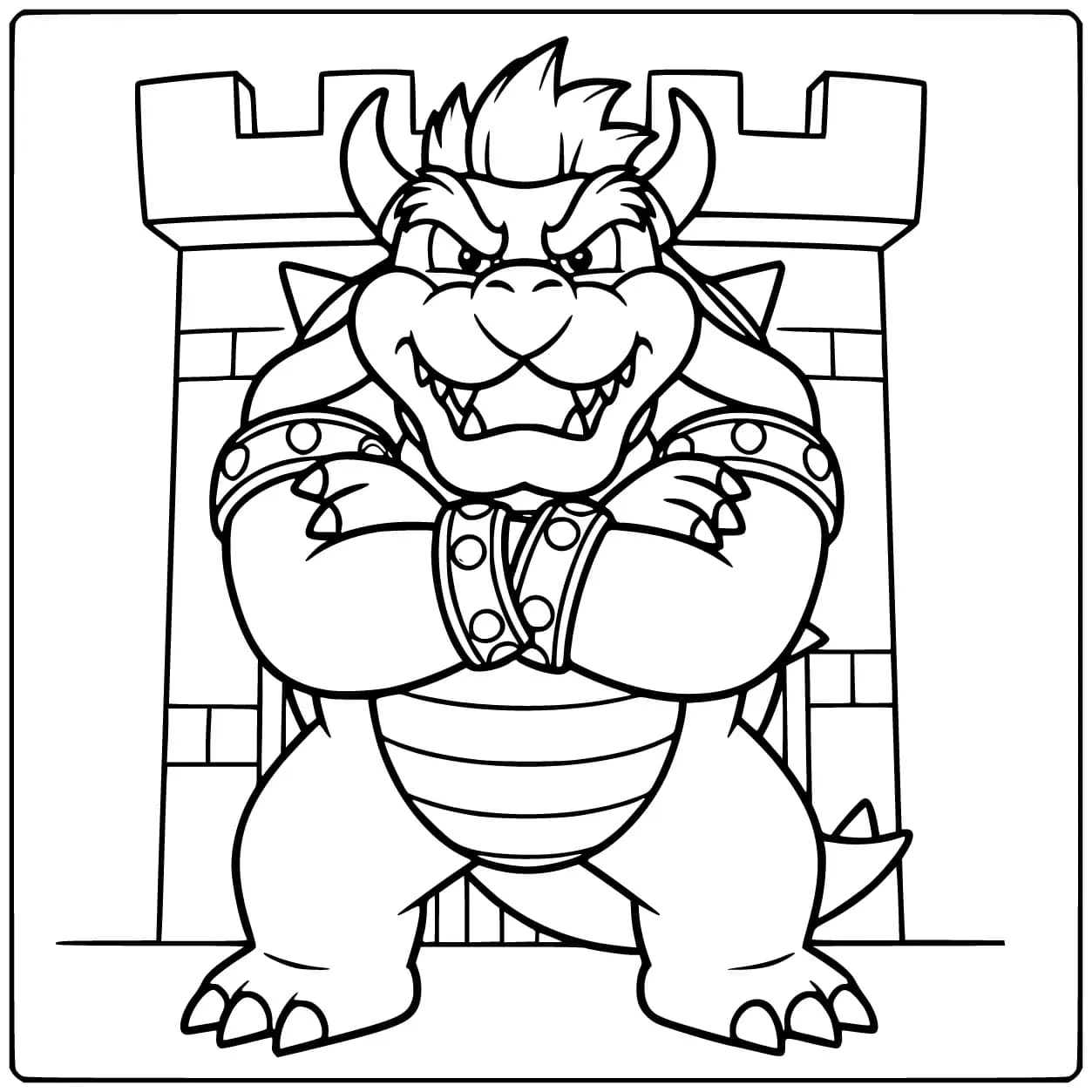 Gave stoere bowser kleurplaat met zijn armen gekruist.