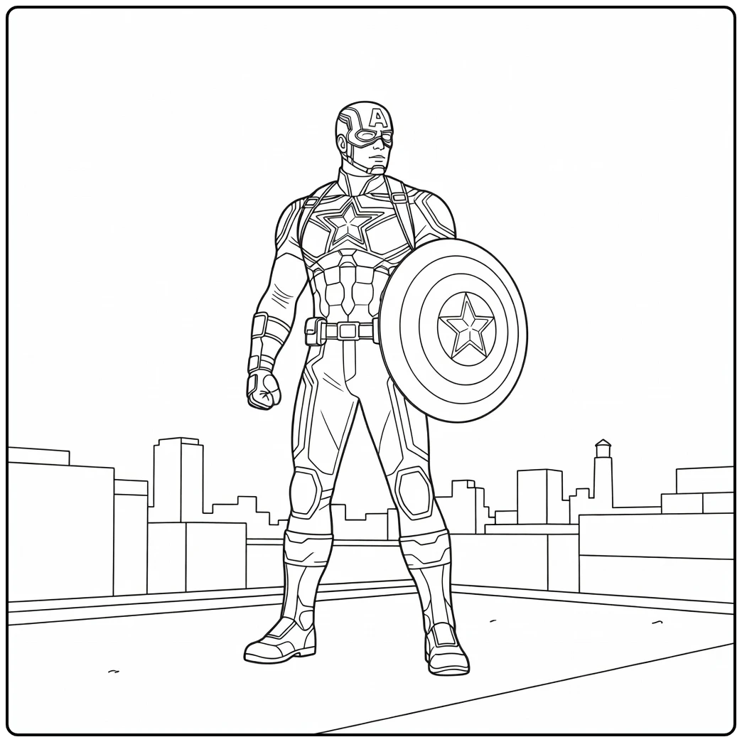 Mooie captain america kleurplaat op een dak in de stad.