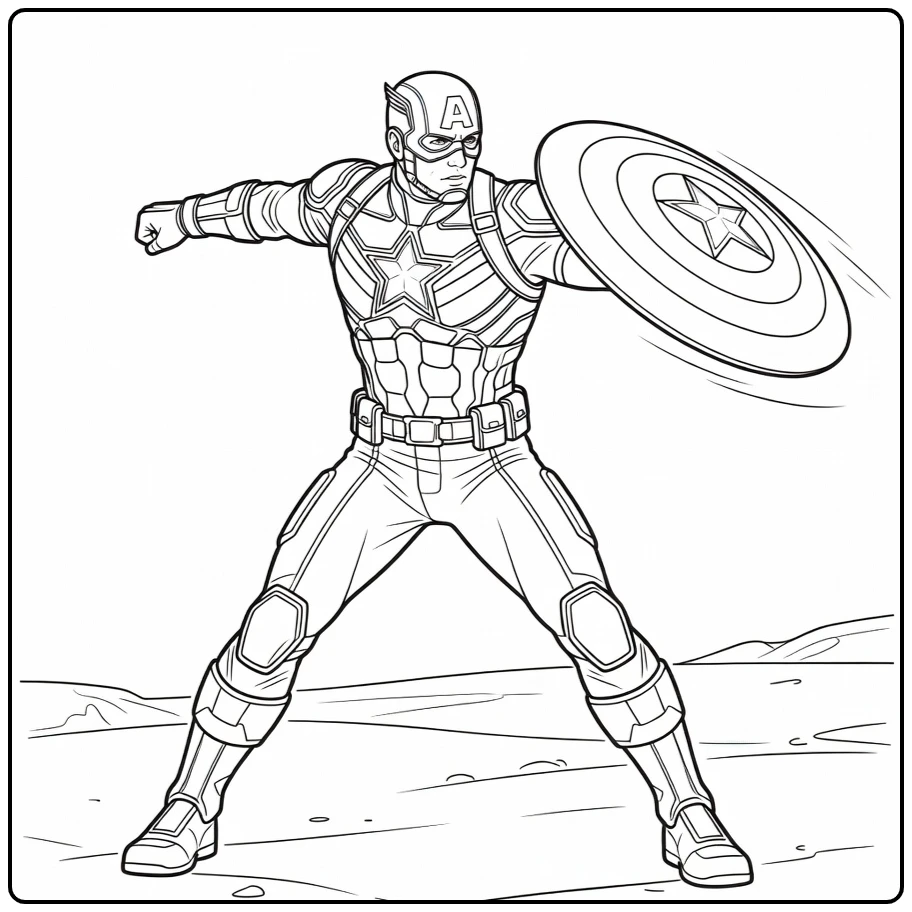 Actievolle captain america kleurplaat met vliegend schild.