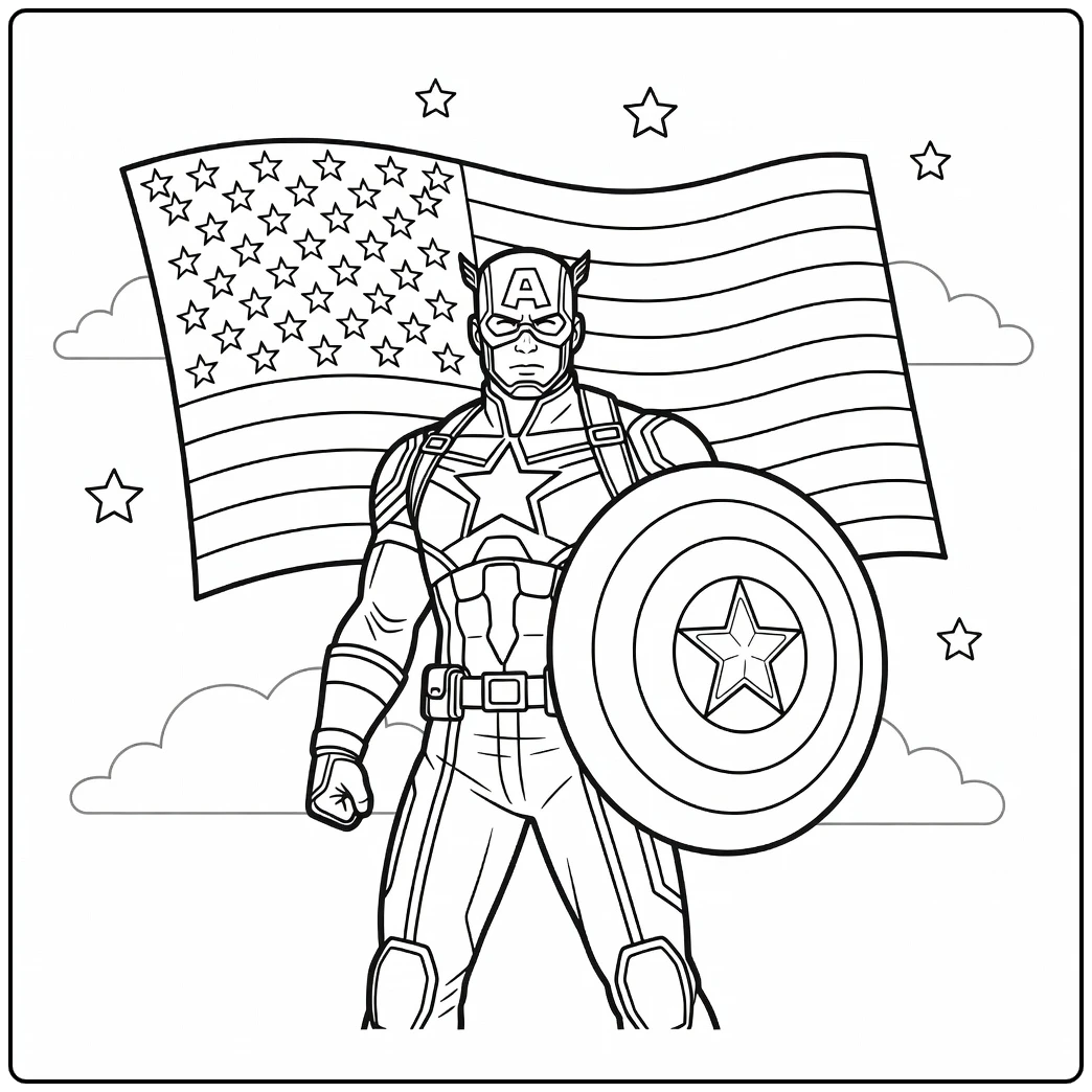 Mooie captain america kleurplaat met vlag en schild.