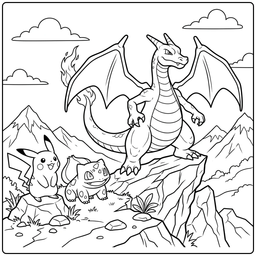 Majestueuze charizard kleurplaat op rotsachtige heuvel met vrienden