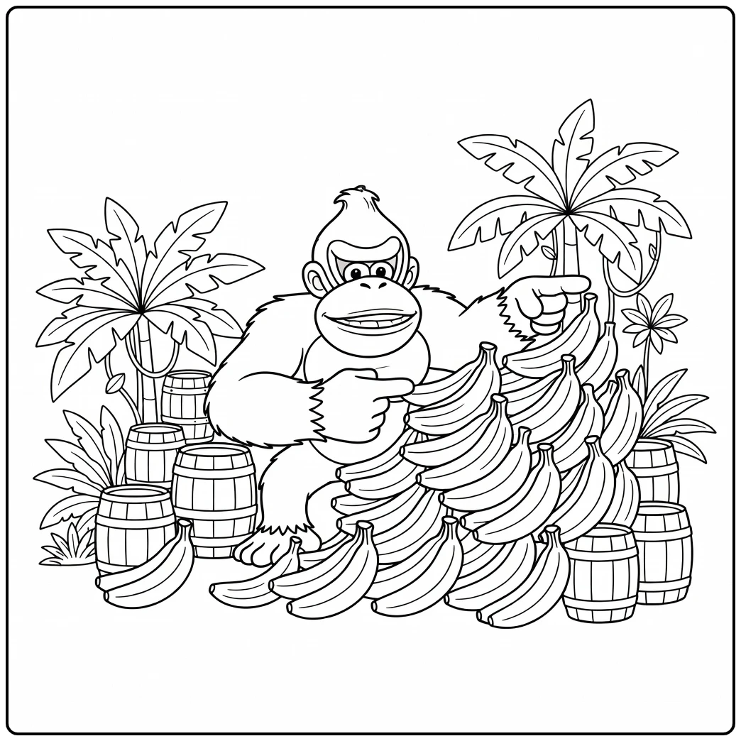 Leuke donkey kong kleurplaat met bananen en vaten in oerwoud.