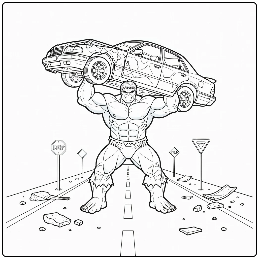 Stoere hulk kleurplaat waar hij een kapotte auto optilt.