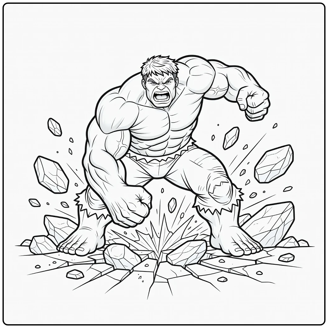 Actie hulk kleurplaat waar hij de grond kapot slaat.