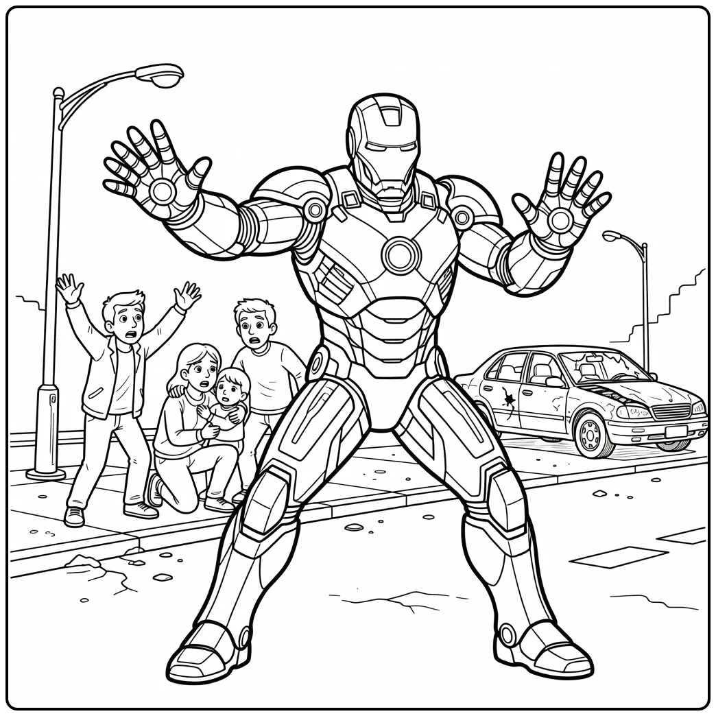 Spannende iron man kleurplaat waar hij mensen beschermt.