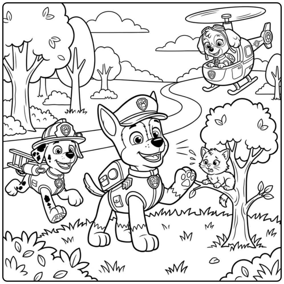 Avontuurlijke kleurplaat paw patrol chase redt een kitten uit een boom.