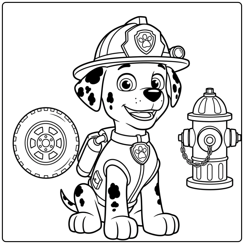 Marshall met helm en badge, kleurplaat paw patrol marshall voor kids