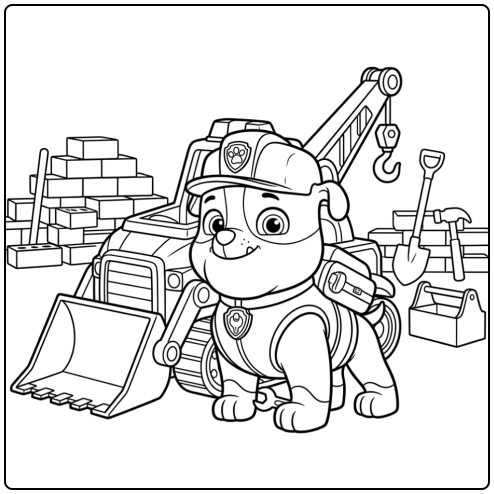 Rubble, de bouwer, staat trots bij zijn truck – kleurplaat paw patrol rubble.