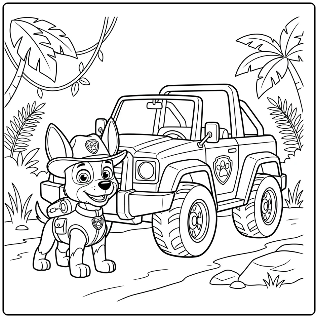 Avontuurlijke kleurplaat paw patrol tracker met jungle voertuig