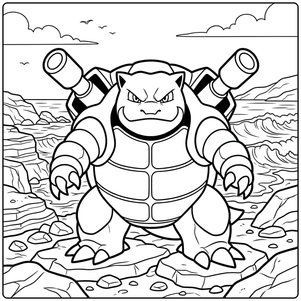 Mooie kleurplaat pokemon blastoise op een rotsachtig strand.