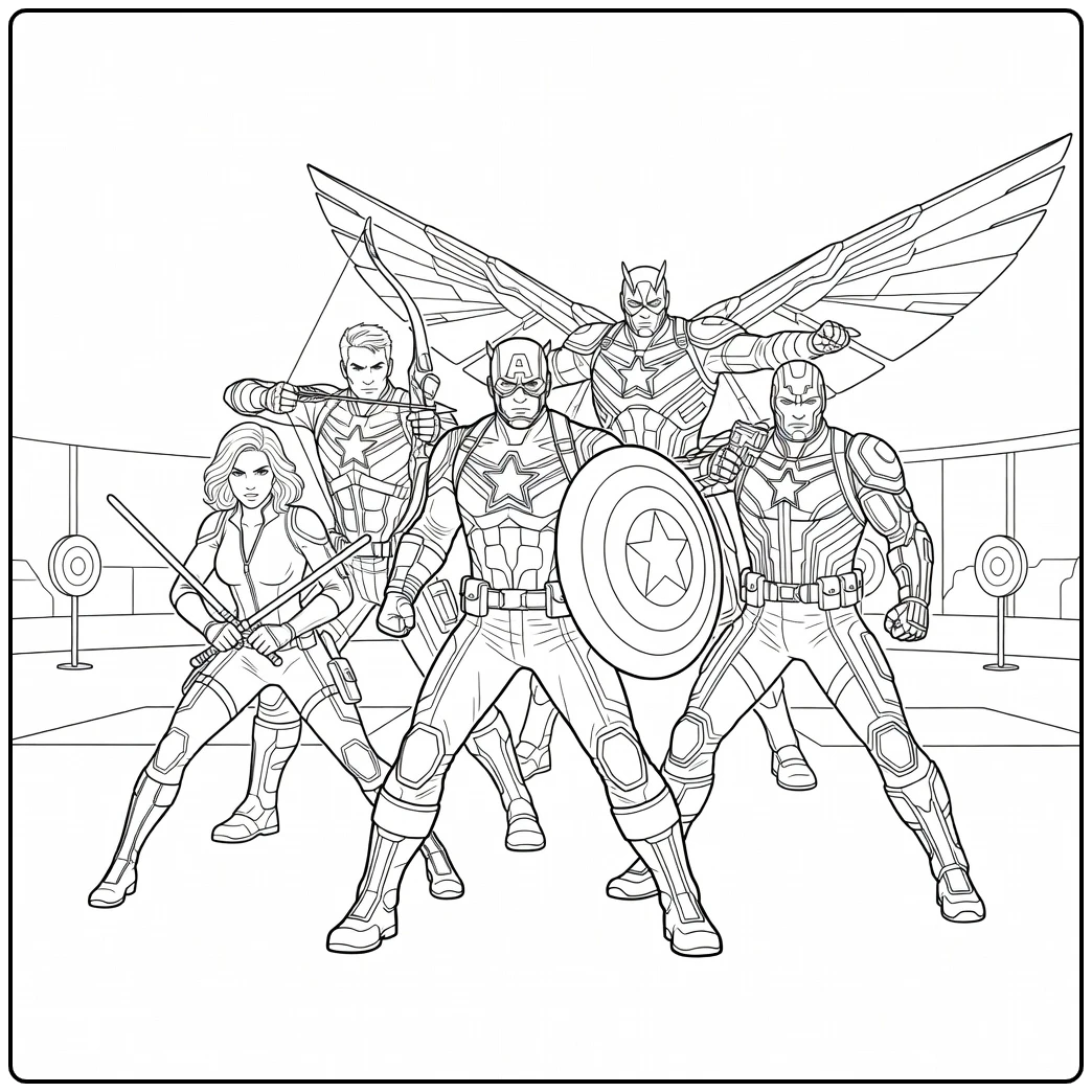 Actievolle marvel kleurplaat met helden klaar voor strijd.