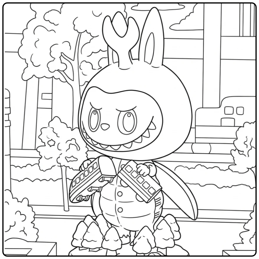 Monster bug Kleurplaat: een boos wezen met treinen in een stad.