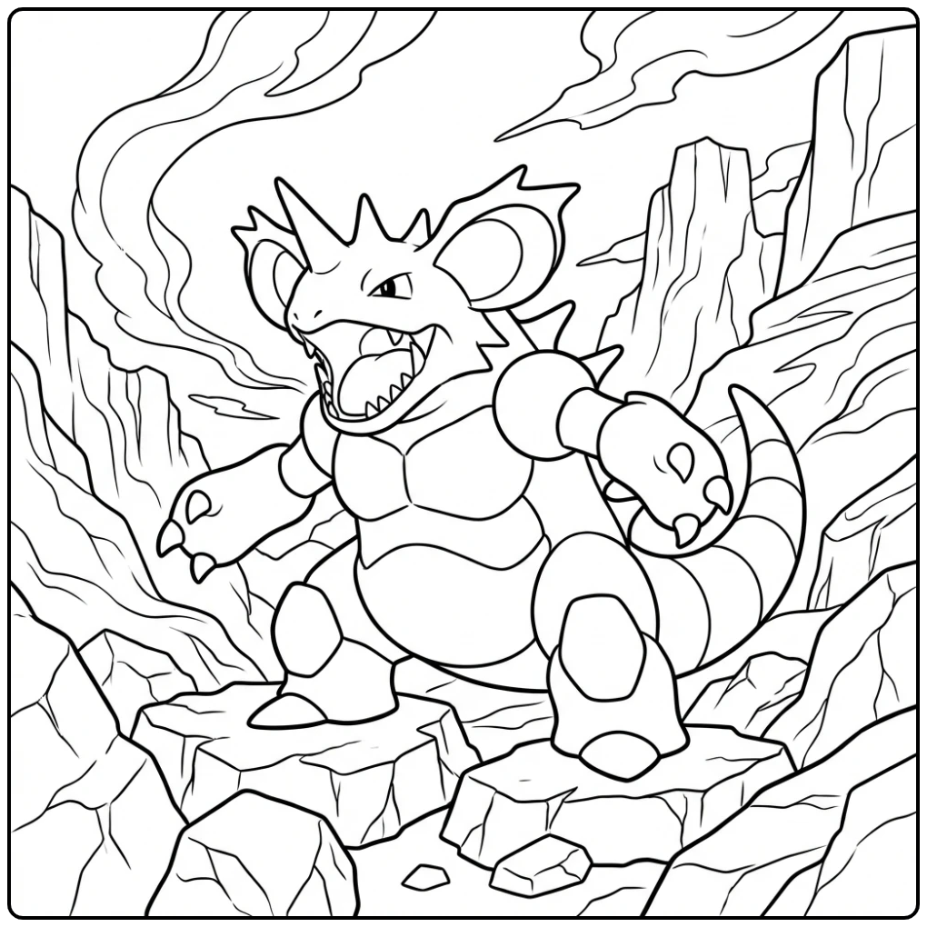 Nidoking kleurplaat waar hij luid brult in een ruige kloof.