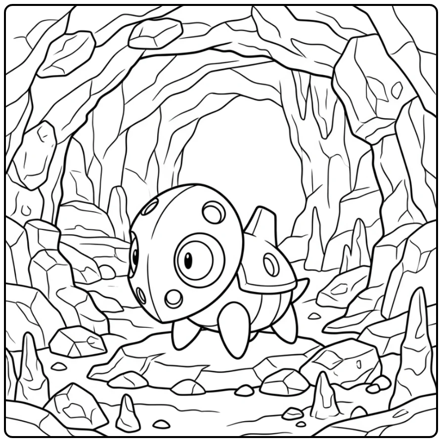 Pokemon Aron kleurplaat in een grot met stenen.