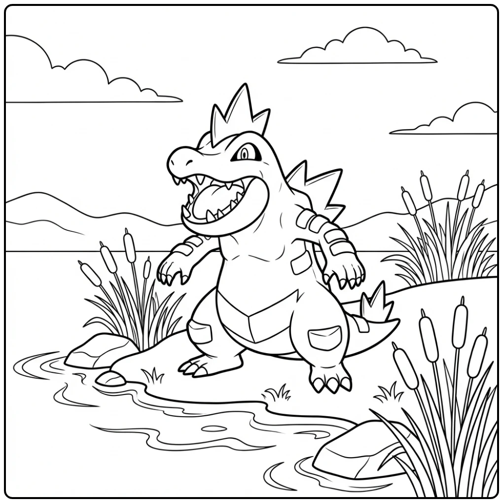 Mooie Pokemon Croconaw kleurplaat bij een rustig meer.