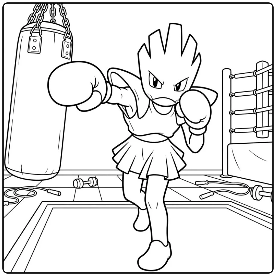 Actievolle Pokemon Hitmonchan kleurplaat in de boksschool.