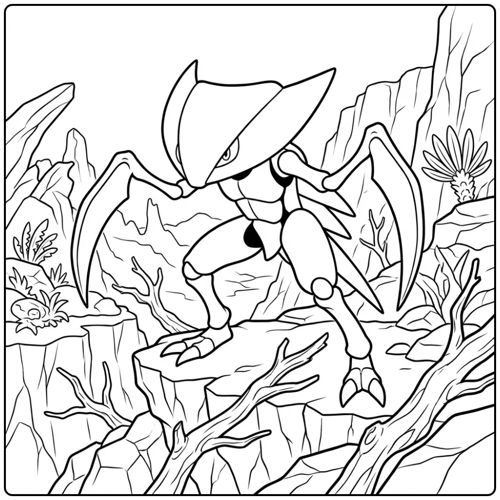 Pokemon Kabutops kleurplaat op een rotsachtige klif.