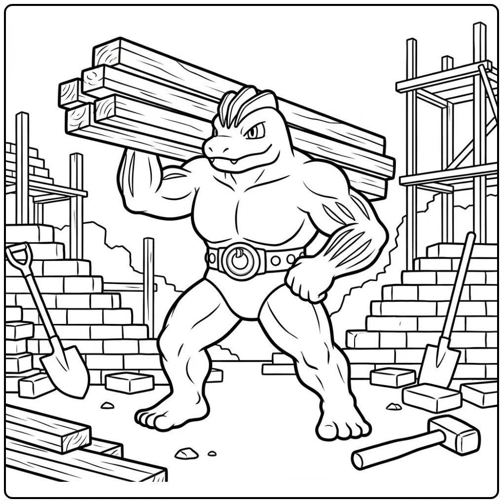 Pokemon Machoke kleurplaat op de bouwplaats met balken.