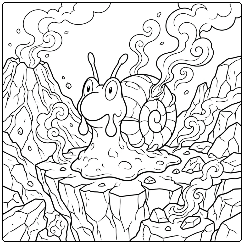 Pokemon Magcargo kleurplaat op een vulkanische rots.