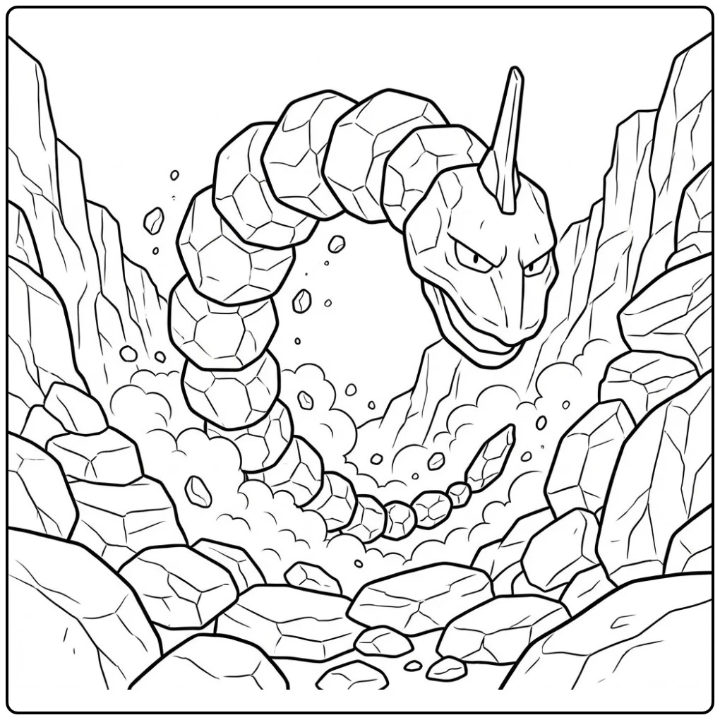 Pokemon Onix kleurplaat in een ruig berglandschap.