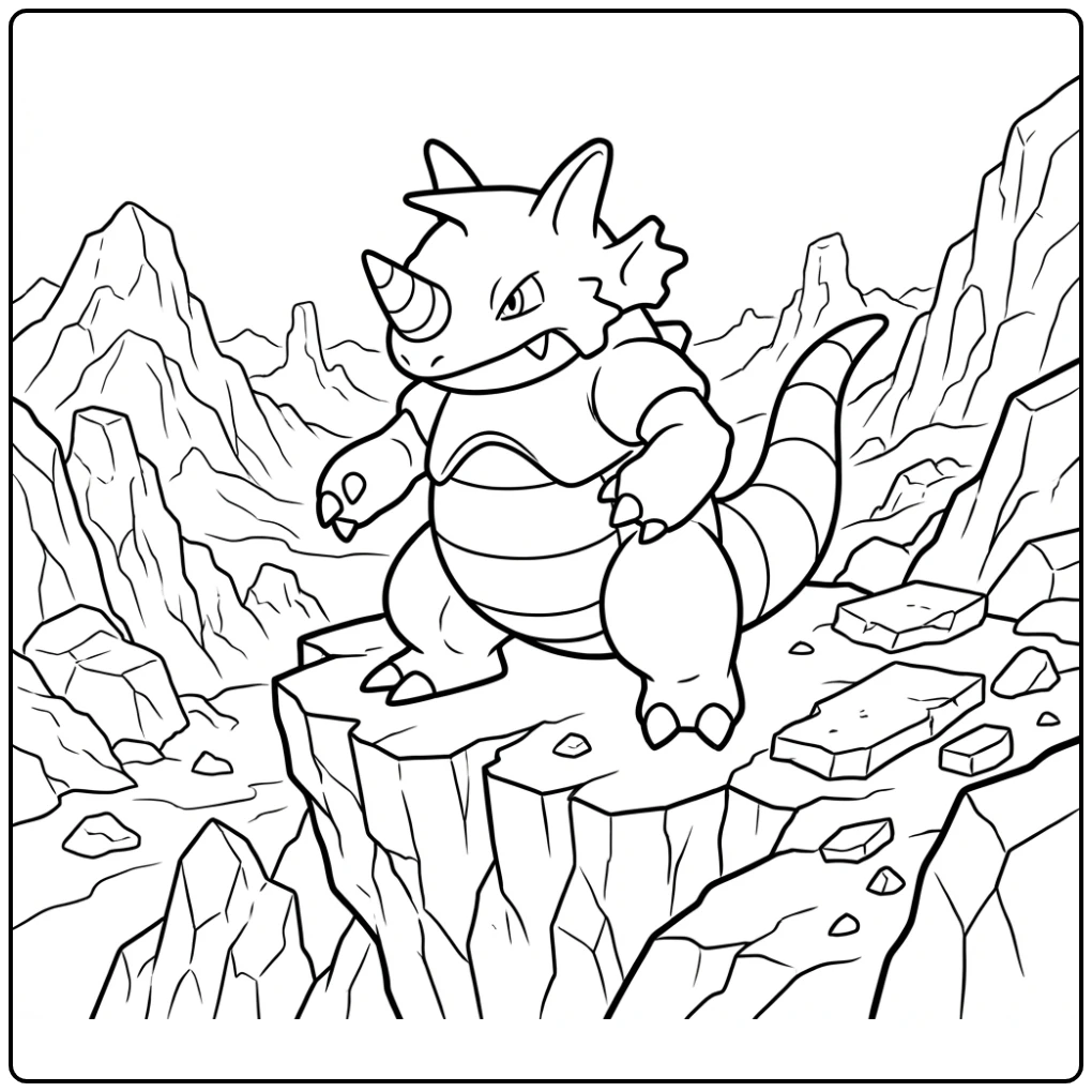 Krachtige Pokemon Rhydon kleurplaat op een bergtop.