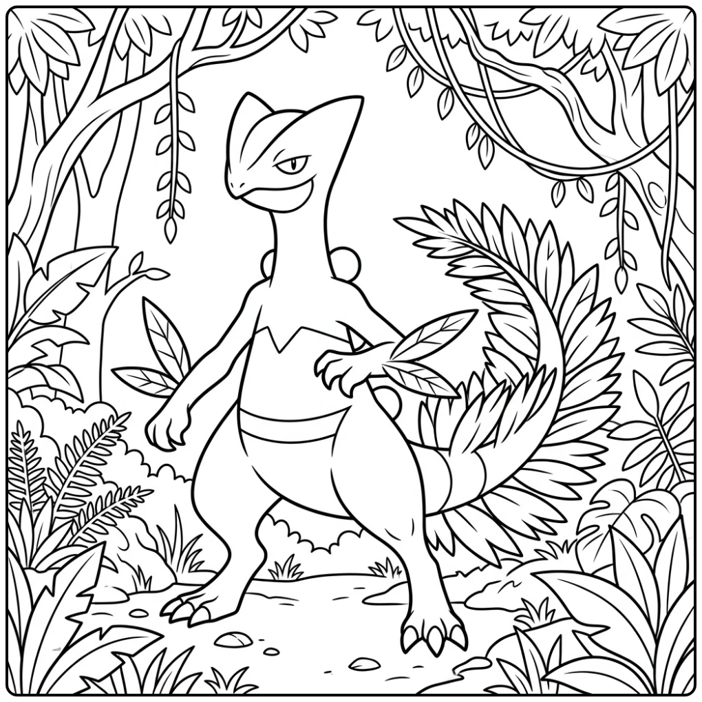 Gedetailleerde Pokemon Sceptile kleurplaat in het oerwoud.