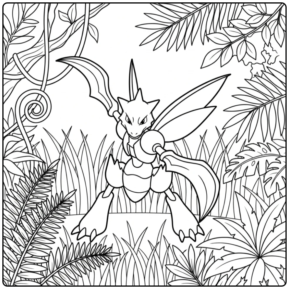 Pokemon Scyther kleurplaat in een dichte jungle vol bladeren.