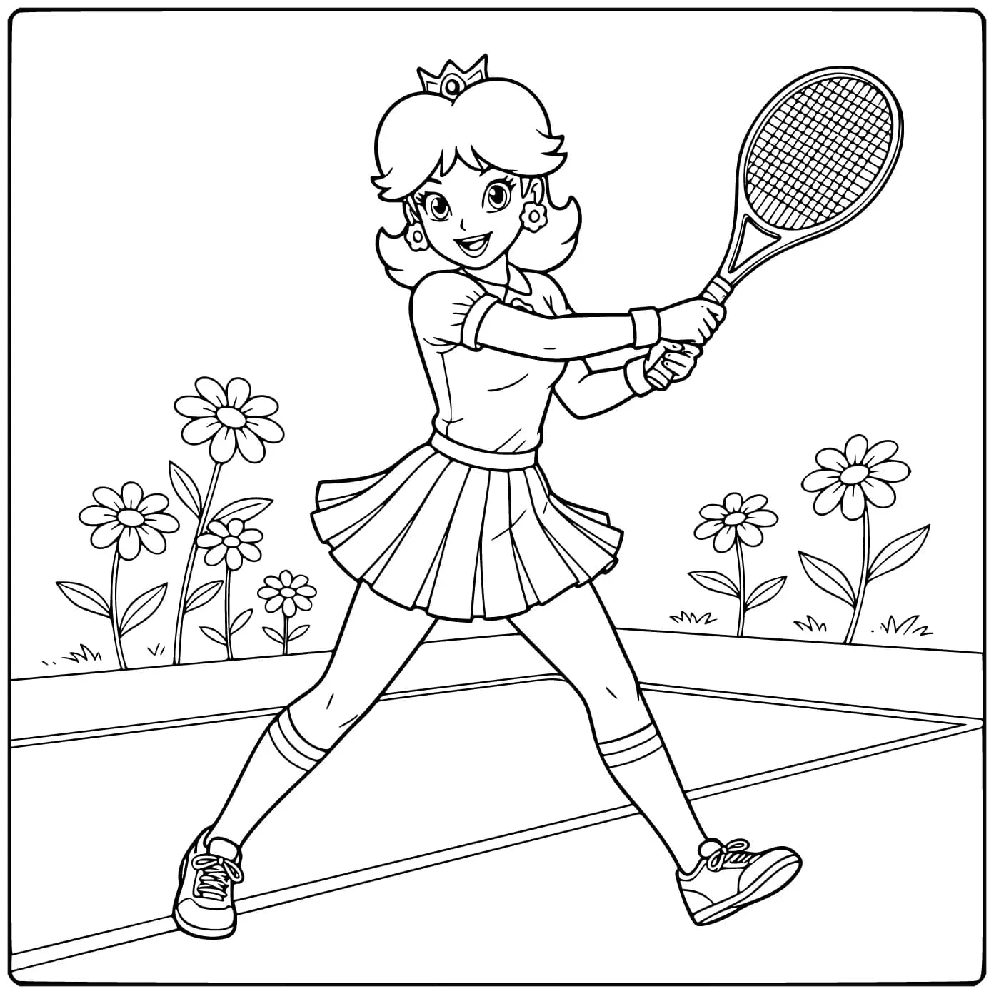 Sportieve princess peach kleurplaat met een tennisracket.