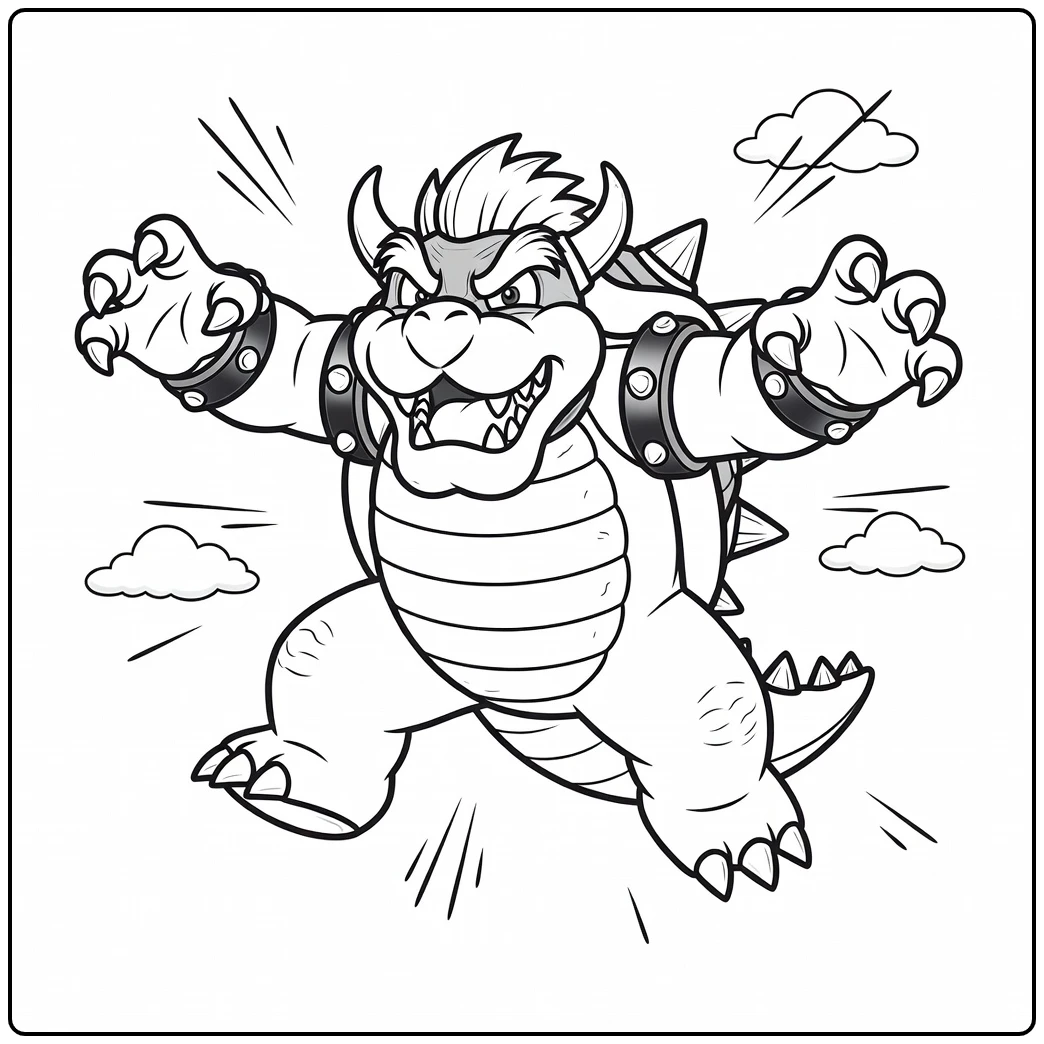 Springende bowser kleurplaat met een grote glimlach.