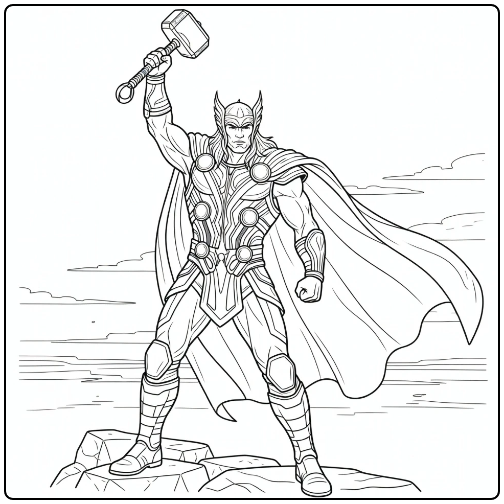 Heldhaftige thor kleurplaat met geheven hamer en pantser.