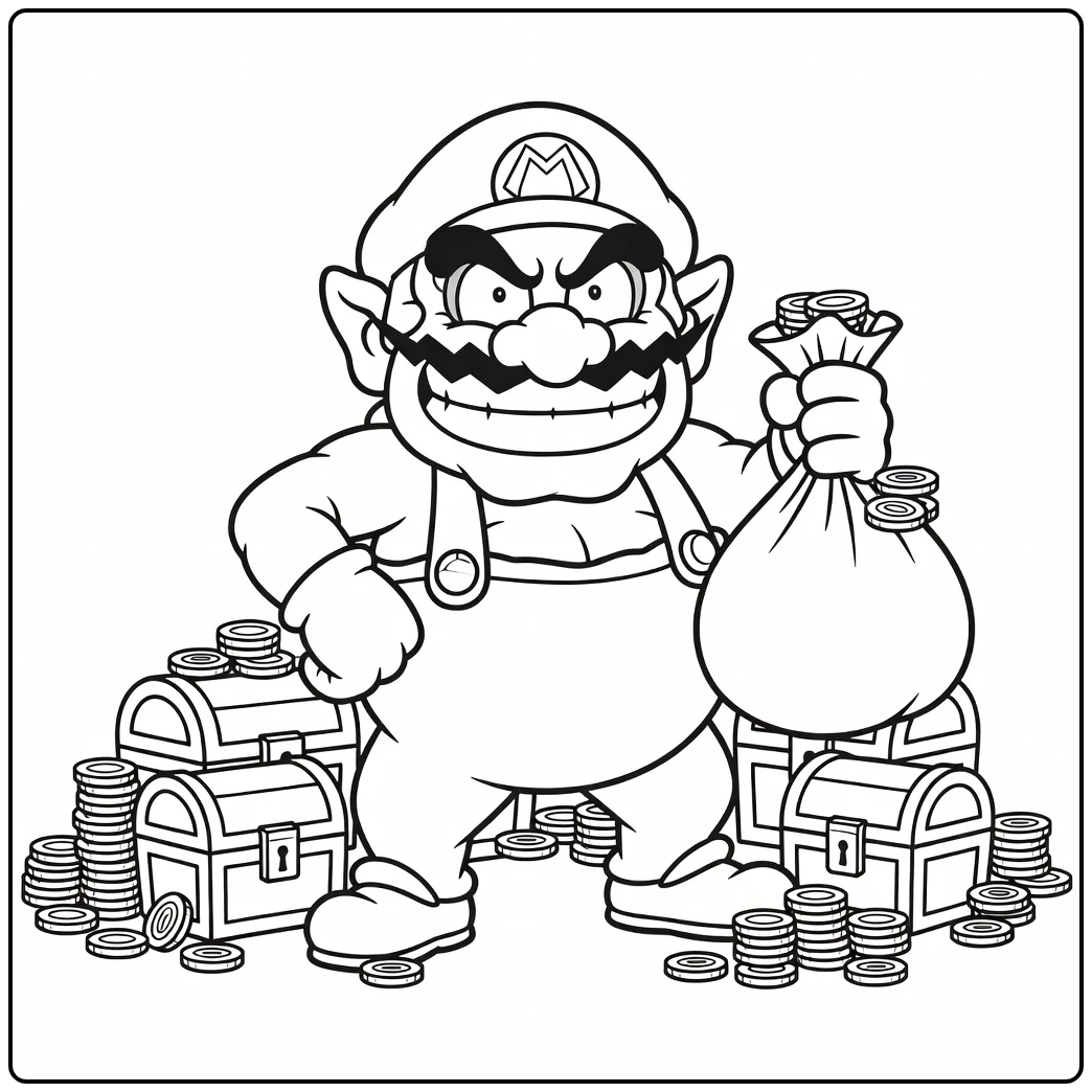 Leuke wario kleurplaat met een lachende Wario en munten.