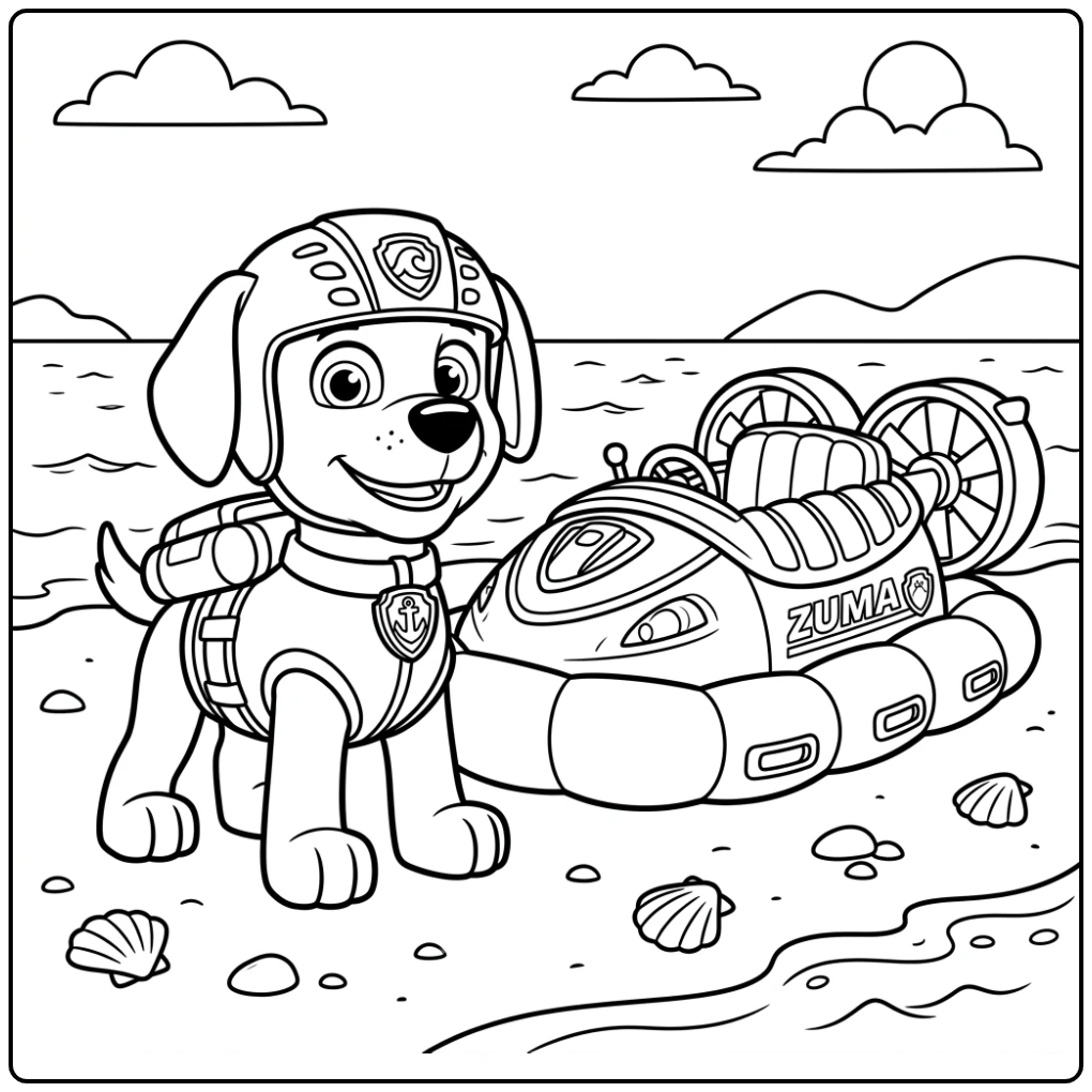 Zuma Paw Patrol kleurplaat: held op strand met hovercraft.