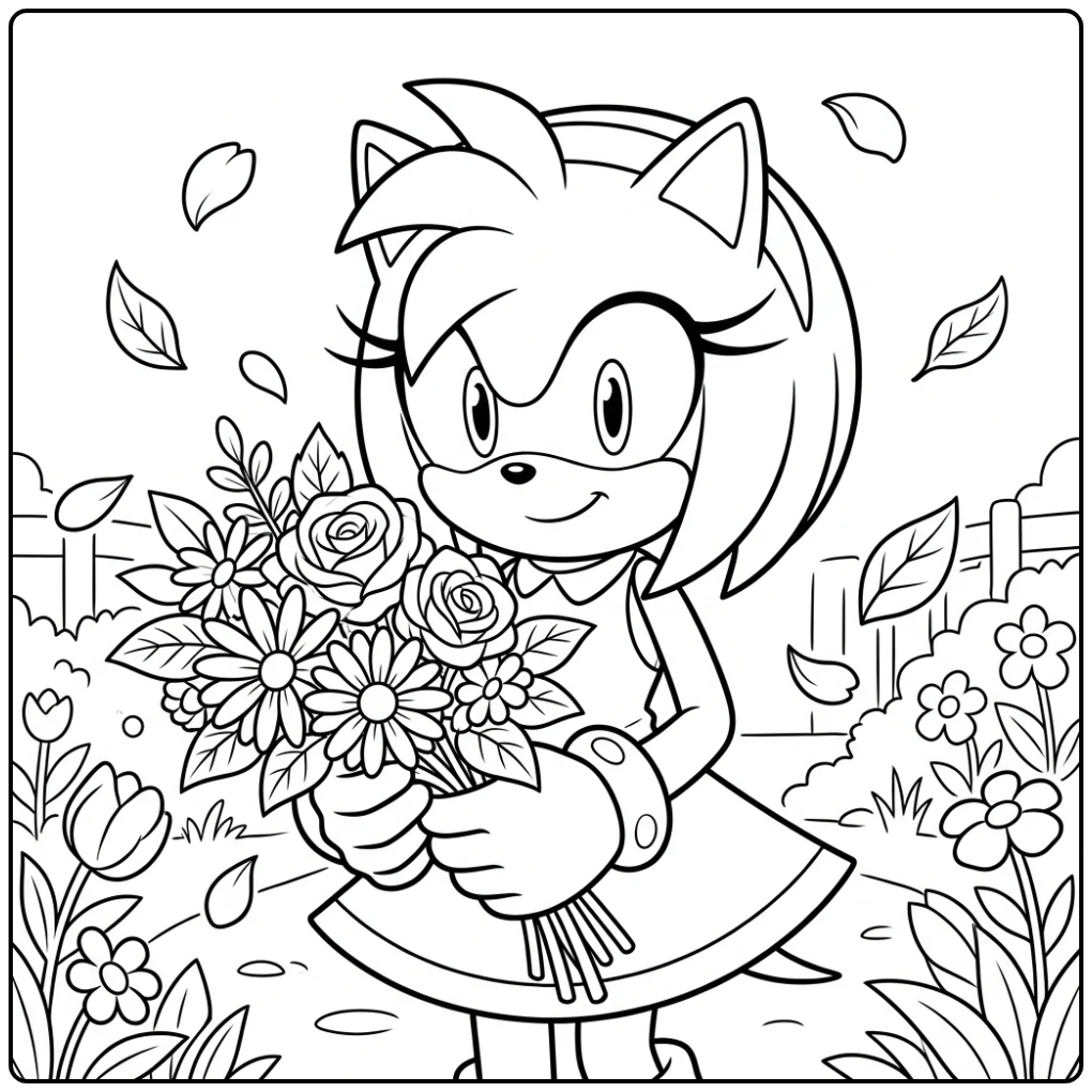 Amy Rose met bloemen, een lieve amy sonic kleurplaat voor fans