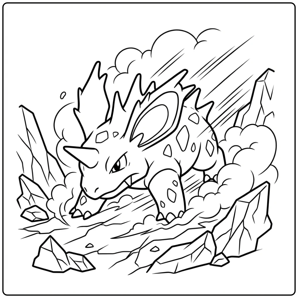 Actievolle Nidorino kleurplaat met scherpe rotsen