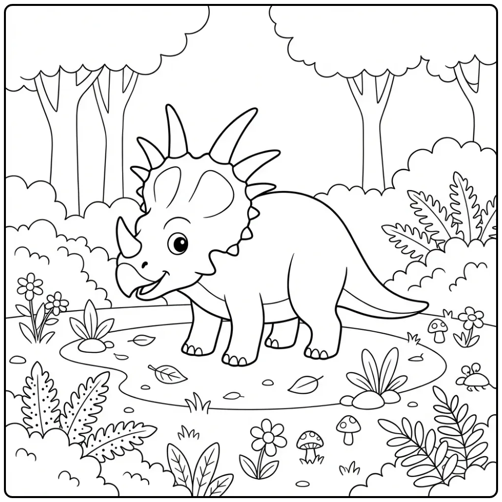 Schattige Styracosaurus dino kleurplaat met planten.