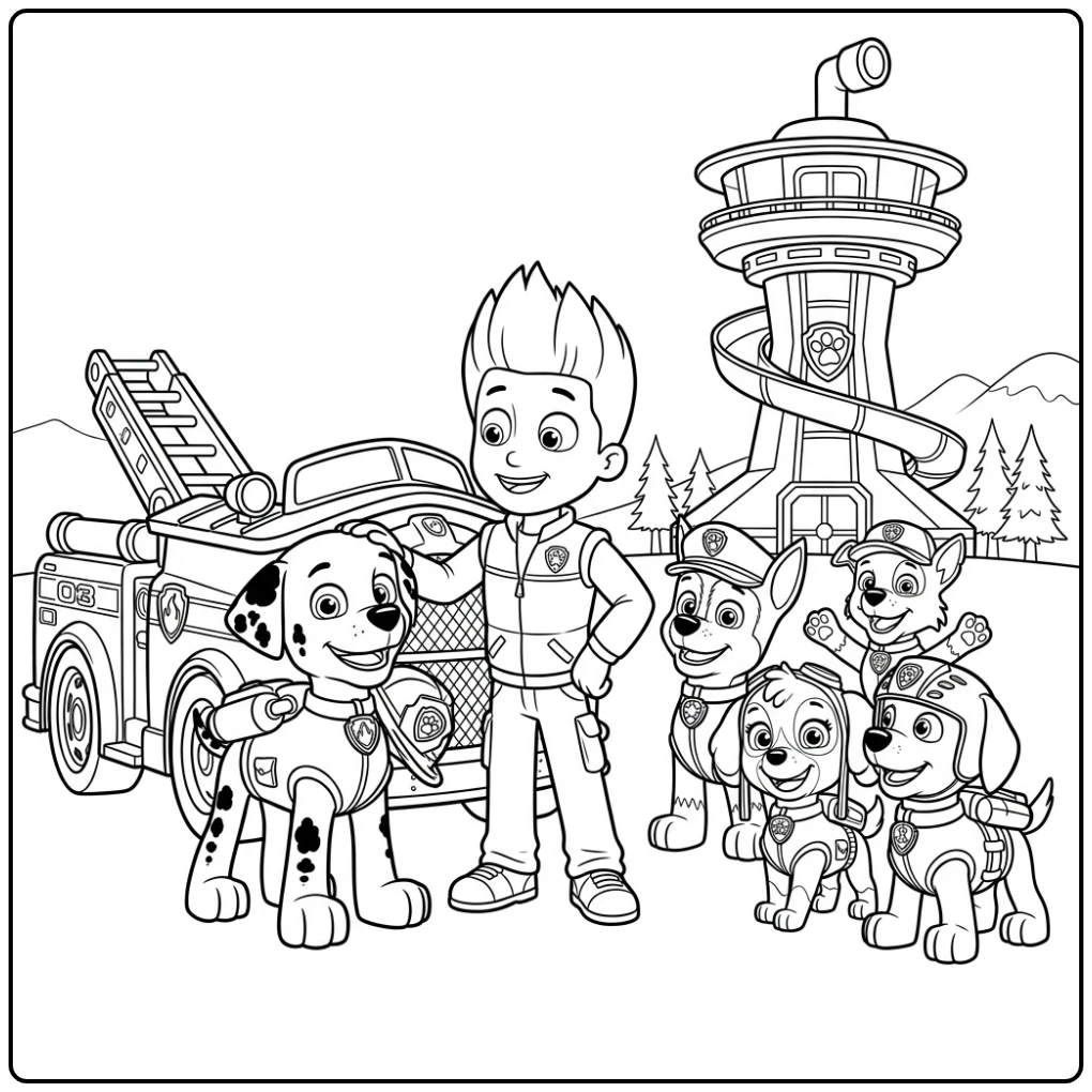 Heldhaftige kleurplaat paw patrol marshall bij brandweerwagen, na redding