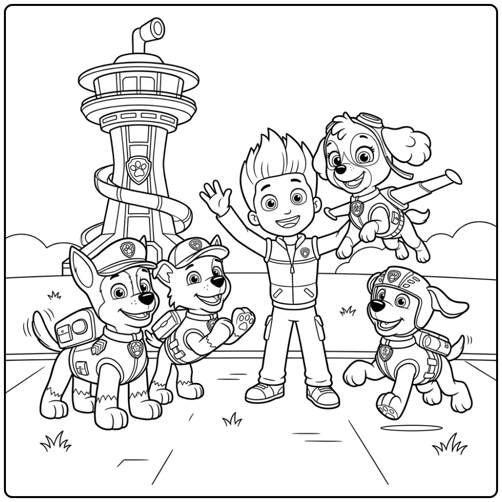 Skye Paw Patrol kleurplaat: Skye landt trots na redding, team viert.