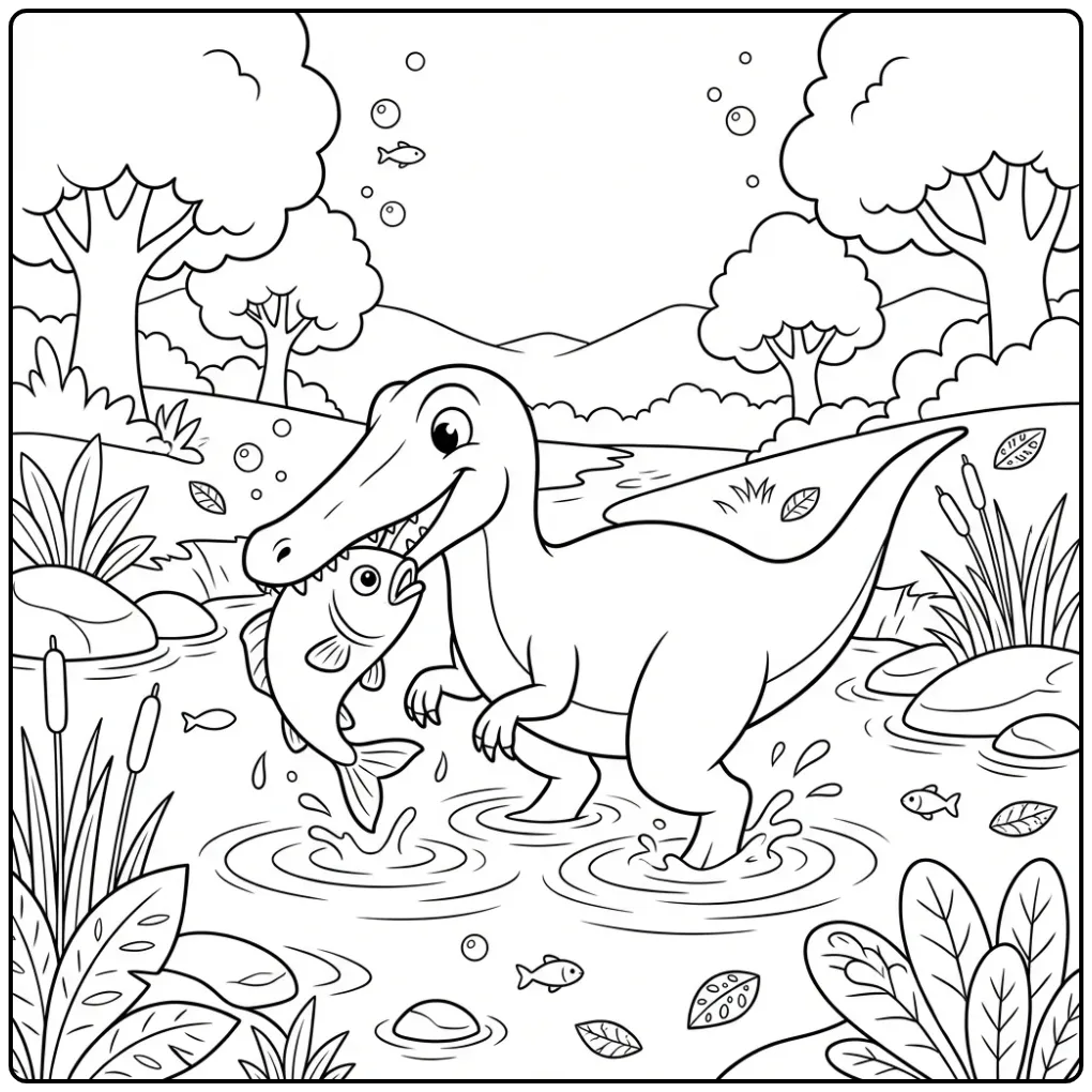 Vissende Suchomimus in rivier als leuke dino kleurplaat.