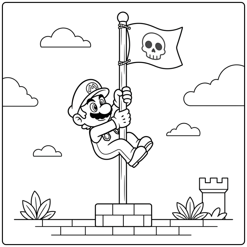 Mario glijdt van de vlaggenmast af, een superleuke mario kleurplaat.